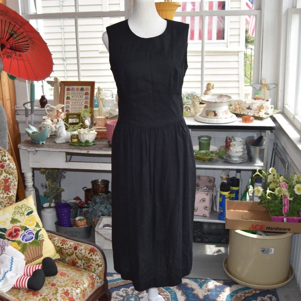 Vintage Lanz Originals Black Linen Rayon Open Back Bow Dress USA Sz 8